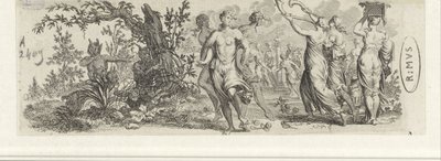 Ninfas dançantes espiadas por sátiros de Jan van Vianen