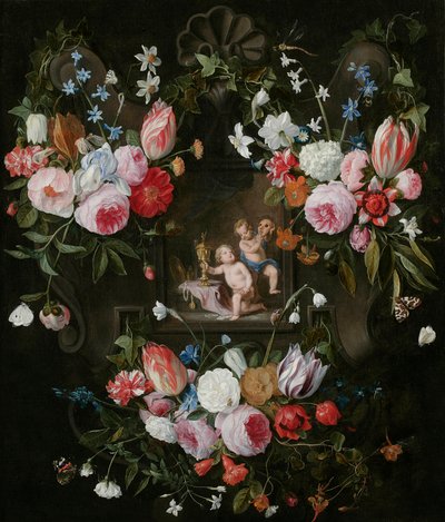 Uma cartela ainda vida de flores em torno de uma imagem alegórica de Putti com objetos caros e uma máscara, 1648 de Jan van and Balen, Hendrik van Kessel
