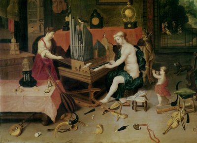 Alegoria da audição, detalhe de um organista de Jan van and Balen, Hendrik van Kessel