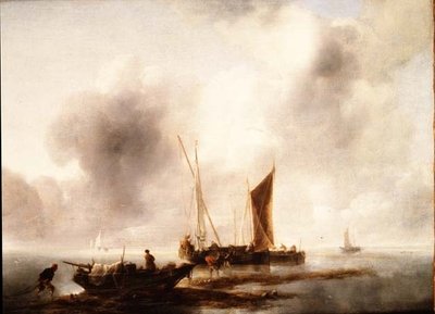 Pescador a descarregar a sua captura numa calma de Jan van de Capelle or Cappelle