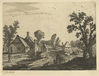 Vista da vila com mulher e criança na rua da vila de Jan van de Cappelle (attributed to)