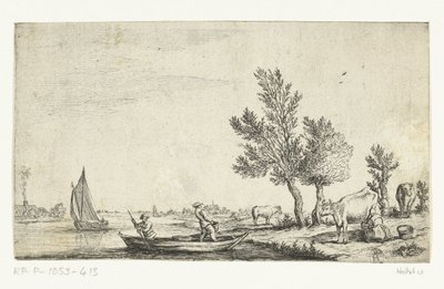 Paisagem fluvial com dois homens num barco a remos de Jan van de Cappelle (attributed to)