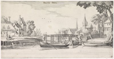 Barcos em um cais em uma vila Paisagens Playsante e atrações divertidas (título da série) de Jan van de Velde (II)