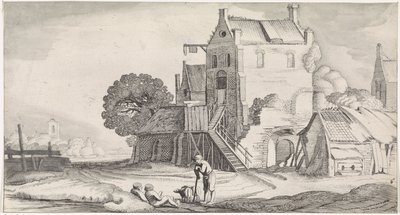 Três figuras conversando em uma pousada Paisagens agradáveis ​​e vistas divertidas (título da série) de Jan van de Velde (II)