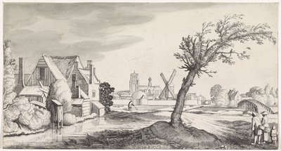 Família em uma casa com uma cidade ao fundo Paisagens Playsante e atrações divertidas (título da série) de Jan van de Velde (II)
