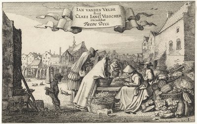 Figuras em uma barraca de vegetais em um mercado Paisagens (título da série) Amenissimae aliquot requculae (título da série) de Jan van de Velde (II)