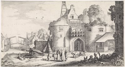 Figuras em um portão da cidade Paisagens lúdicas e poemas divertidos (título da série) de Jan van de Velde (II)