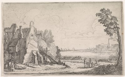 Números perto de uma casa dilapidada sobre um rio
Paisagens fluviais (título da série) de Jan van de Velde (II)