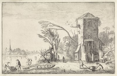 Figuras em uma paisagem de inverno com uma torre Paisagens (título da série) Amenissimae aliquot requculae (título da série) de Jan van de Velde (II)