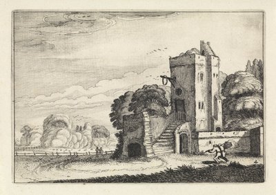 Figuras com um cesto de pássaros perto de uma torre numa paisagem
Paisagens (título da série)
Amenissimae aliquot requculae (título da série) de Jan van de Velde (II)