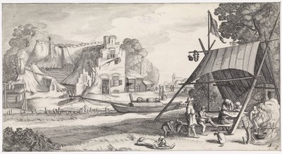 Figuras sob um pano de tenda em uma pousada Paisagens Playsante e atrações divertidas (título da série) de Jan van de Velde (II)