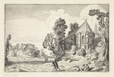 Figuras em uma estrada rural perto de uma ruína de igreja Paisagens (título da série) Amenissimae aliquot requculae (título da série) de Jan van de Velde (II)