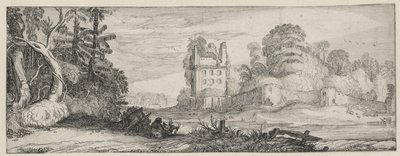 Vista de uma casa em ruínas perto de uma parede Paisagens e ruínas (título da série) Amoenissimae alíquota Regiunculae (título da série) de Jan van de Velde (II)