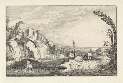 Vagão coberto em um caminho em uma paisagem montanhosa do rio Paisagens (título da série) Amenissimae aliquot requculae (título da série) de Jan van de Velde (II)