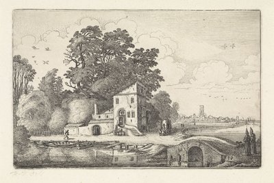 Casa junto a uma ponte de pedra numa paisagem fluvial
Paisagens (título da série)
Amenissimae aliquot requculae (título da série) de Jan van de Velde (II)