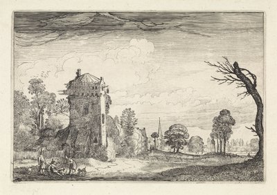 Caçadores com cães em uma torre em uma paisagem Paisagens (título da série) Amenissimae aliquot requculae (título da série) de Jan van de Velde (II)