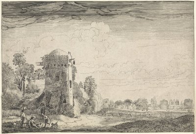 Caçadores com cães em uma torre em uma paisagem Paisagens (título da série) Amenissimae aliquot requculae (título da série) de Jan van de Velde (II)