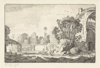 Homem com um cachorro em ruínas Paisagens (título da série) Amenissimae aliquot requculae (título da série) de Jan van de Velde (II)