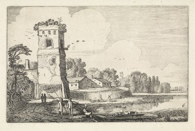 Ferry com ovelhas perto de uma torre numa paisagem fluvial
Paisagens (título da série)
Amenissimae aliquot requculae (título da série) de Jan van de Velde (II)