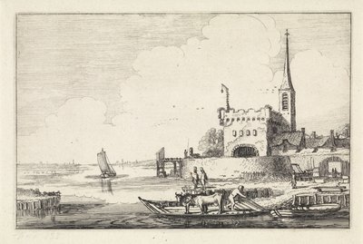 Pont com gado em um forte em uma paisagem fluvial Paisagens (título da série) Amenissimae aliquot requculae (título da série) de Jan van de Velde (II)