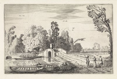 Paisagem do rio com uma ponte de pedra Paisagens (título da série) Amenissimae aliquot requculae (título da série) de Jan van de Velde (II)