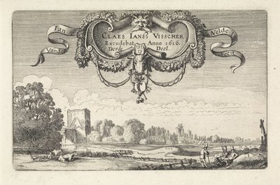 Descansando figuras em uma paisagem com vacas e uma torre Paisagens (título da série) Amenissimae aliquot requculae (título da série) de Jan van de Velde (II)