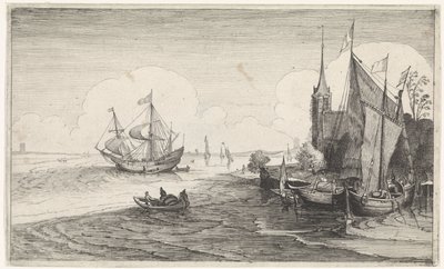 Navios ao largo e na costa perto de uma igreja
Seascapes (título da série) de Jan van de Velde (II)