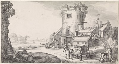 Soldados perto de uma torre numa paisagem fluvial
Playsante lantschappen ende vermakelycke gesichten (título da série) de Jan van de Velde (II)