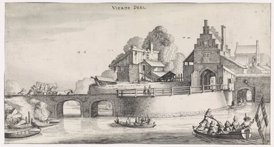 Portão da cidade com ponte sobre a água Paisagens Playsante e atrações divertidas (título da série) de Jan van de Velde (II)