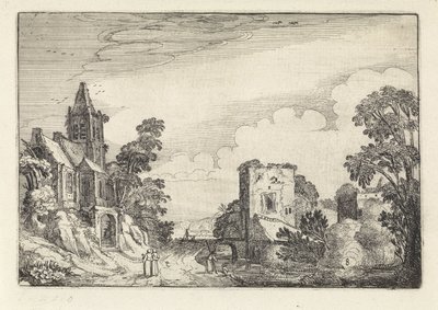 Torre e uma igreja em uma paisagem Amenissimae aliquot requculae (título da série) Paisagens (título da série) de Jan van de Velde (II)