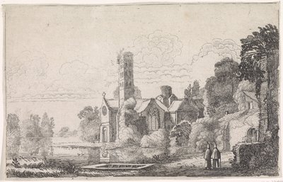 Dois monges em uma abadia em uma paisagem fluvial Paisagens fluviais (título da série) de Jan van de Velde (II)