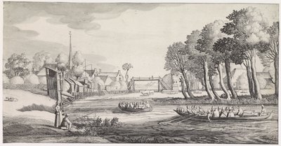 Dois barcos a remos num rio perto de uma aldeia Paisagens Playsante e carinhas divertidas (título da série) de Jan van de Velde (II)