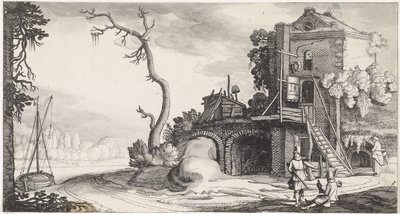 Dois falcoeiros perto de uma torre usada como pousada Paisagens Playsante e carinhas divertidas (título da série) de Jan van de Velde (II)