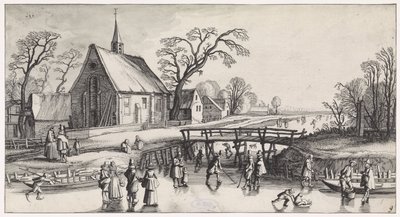 Paisagem de inverno com skatistas perto de uma vila Paisagens Playsante e atrações divertidas (título da série) de Jan van de Velde (II)