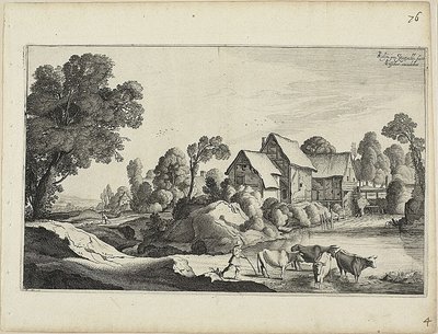Rebanho de gado num vau perto de um moinho de água de Jan van de Velde II