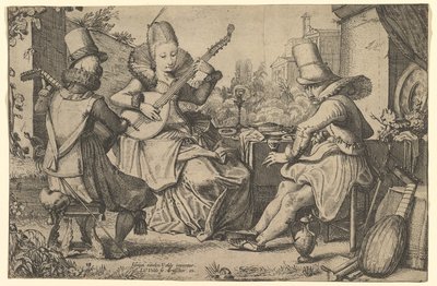 Dois Homens Elegantemente Vestidos e uma Mulher num Jardim, 1613-41. de Jan van de Velde II