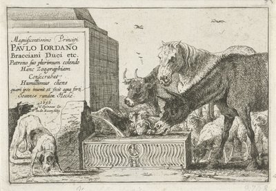 Animais numa fonte
Impressão de título de uma série de gravuras representando animais
Animais (título da série)
Zoographiam (título da série sobre o objecto) de Jan van den Hecke