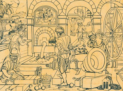 Fundição de canhões, desenho da Nova Reperta de Jan van der (1523 1605) Straet