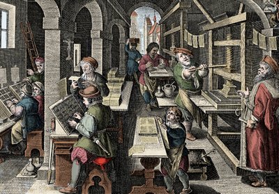 Gabinete de impressão, c1600 - Holanda, Impressão: à esquerda os caracteres usam caracteres, as diferentes etapas da preparação da impressão supervisionadas por uma gráfica mestre - Gravura de "Nova Reperta" de Giovanni Stradano (Jan Van Der Straet) (Johan de Jan van der Straet