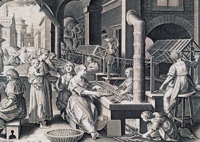 Vermis sericus, mulheres girando seda e aquecendo bichos-da-seda no fogo, gravura de Stradanus (1523-1605), Itália de Jan van der Straet