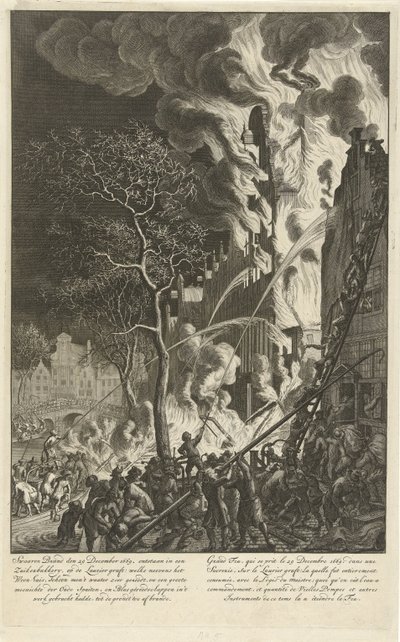 Incêndio no Lauriergracht em Amsterdã, 1669 Fogo pesado em 29 de dezembro de 1669. originado em uma padaria de açúcar, no enxerto Laurier (…) / Grand feu, qui se prit le 29 decembre 1669. dans une sucrerie, sur le Laurier enxerto (…) (título no objeto) de Jan van der Heyden (attributed to)