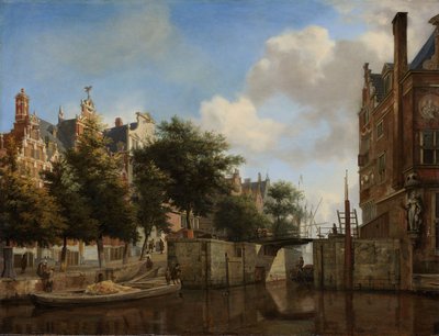 Vista da cidade de Amesterdão com casas no Herengracht e o velho Haarlemmersluis, c.1670 de Jan van der Heyden