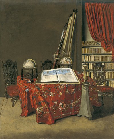 Holandês: Interior de um escritório com um atlas aberto e dois globos Canto de uma biblioteca de Jan van der Heyden