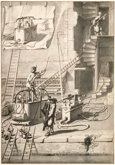Comparação dos antigos carros de bombeiros com o carro de bombeiros da cobra de Van der Heyden de Jan van der Heyden