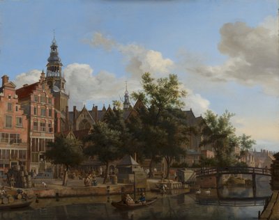 Vista de Oudezijds Voorburgwal com o Oude Kerk em Amsterdã de Jan van der Heyden
