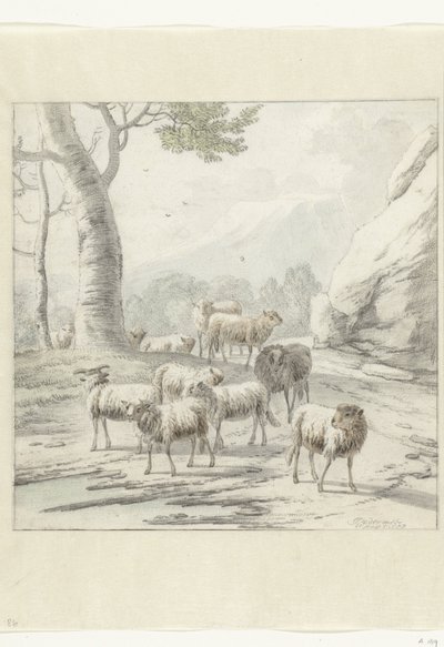 Paisagem com um rebanho de ovelhas perto de uma árvore de Jan van der Meer (II)