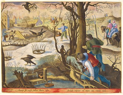Birdcatchers usando armadilhas com ratos para capturar falcões, placa 64 de &39;Venationes Ferarum, Avium, Piscium&39; (de caça: feras, pássaros, peixes) gravada por Jan Collaert (1566-1628) publicado por de Jan van der Straet