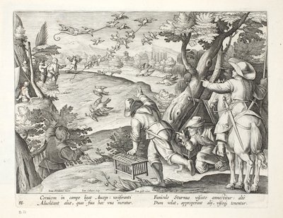 Fowlers que pegam corvos, ilustração de "Venationes, Ferarum, Avium, Piscium" (da caça: Bestas selvagens, pássaros, peixes), gravada por Jan Collaert (1566-1628), bar. por Phillipus Gallaeus, Amsterdam (por de Jan van der Straet