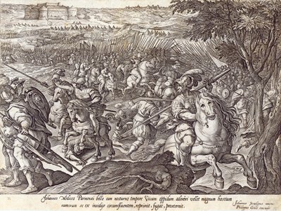 Giovanni de &39;Medici derrotou em Parma, prato de&39; A História dos Medici &39;, gravado por Philip Galle (1537-1612), c.1583 de Jan van der Straet