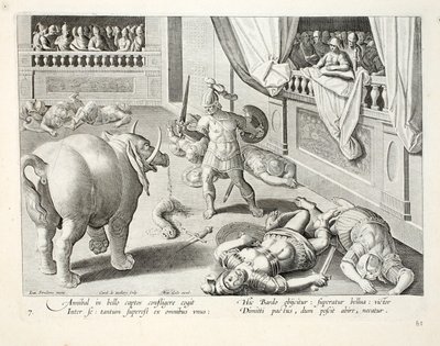 Aníbal faz romanos derrotados lutam entre si, ilustração de &39;Venationes, Ferarum, Avium, Piscium&39; (de caça: feras, pássaros, peixes), gravada por Jan Collaert (1566-1628), pub. por Phillipus de Jan van der Straet